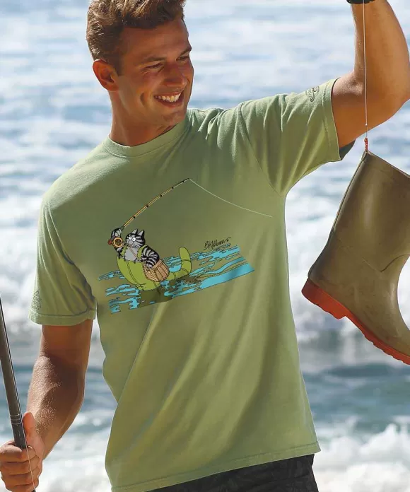 T-Shirts>Crazy Shirts B. Kliban Fly Fishing Cat - Hemp Dyed Short Sleeve Crewneck T-Shirt