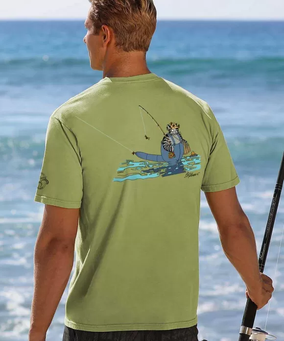 T-Shirts>Crazy Shirts B. Kliban Fly Fishing Cat - Hemp Dyed Short Sleeve Crewneck T-Shirt
