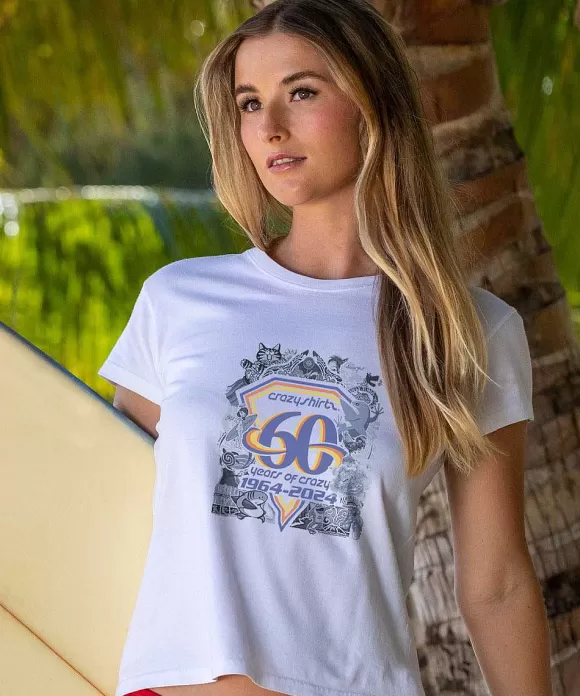 T-Shirts>Crazy Shirts 60Th Anniversary - White Short Sleeve Crewneck T-Shirt