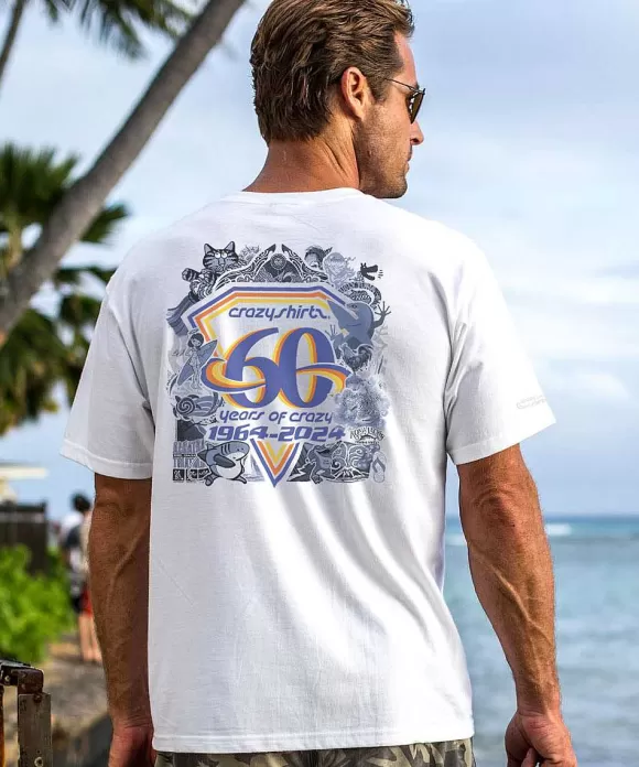 T-Shirts>Crazy Shirts 60Th Anniversary - White Short Sleeve Crewneck T-Shirt