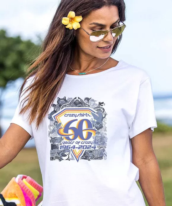 T-Shirts>Crazy Shirts 60Th Anniversary - White Short Sleeve Scoop Neck T-Shirt