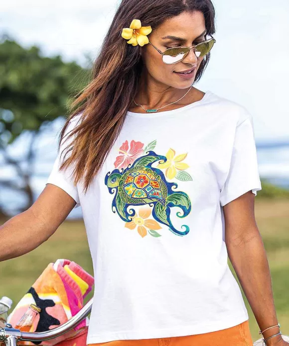 T-Shirts>Crazy Shirts Flower Honu - White Short Sleeve Scoop Neck T-Shirt