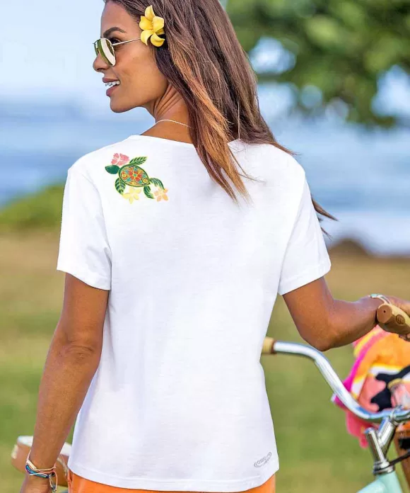 T-Shirts>Crazy Shirts Flower Honu - White Short Sleeve Scoop Neck T-Shirt