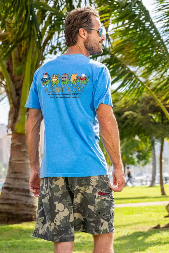 T-Shirts>Crazy Shirts Hawaiian Humane Society Meow Halau - Blue Hawaii Dyed Short Sleeve Crewneck T-Shirt