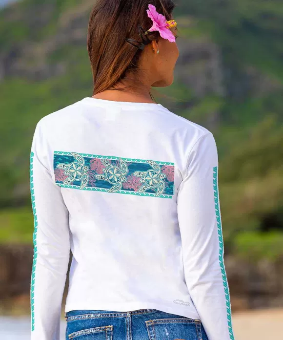 T-Shirts>Crazy Shirts Honu Sealife Band - White Long Sleeve Crewneck T-Shirt