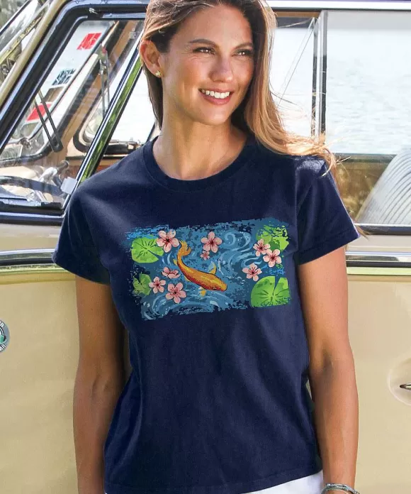 T-Shirts>Crazy Shirts Koi Cherry Blossom - Navy Short Sleeve Crewneck T-Shirt