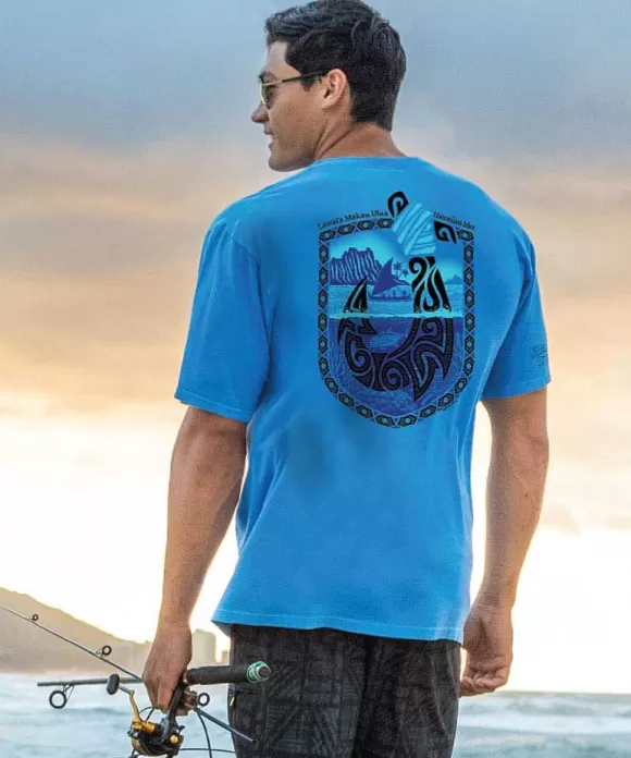 T-Shirts>Crazy Shirts Lawaia Makau Ulua - Blue Hawaii Dyed Short Sleeve Crewneck T-Shirt
