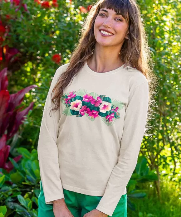 T-Shirts>Crazy Shirts Pacific In Bloom - Coconut Dyed Long Sleeve Crewneck T-Shirt