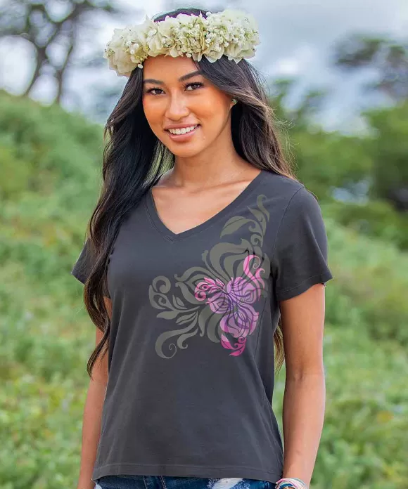 T-Shirts>Crazy Shirts Polynesia - Graphite Short Sleeve Pima V-Neck T-Shirt