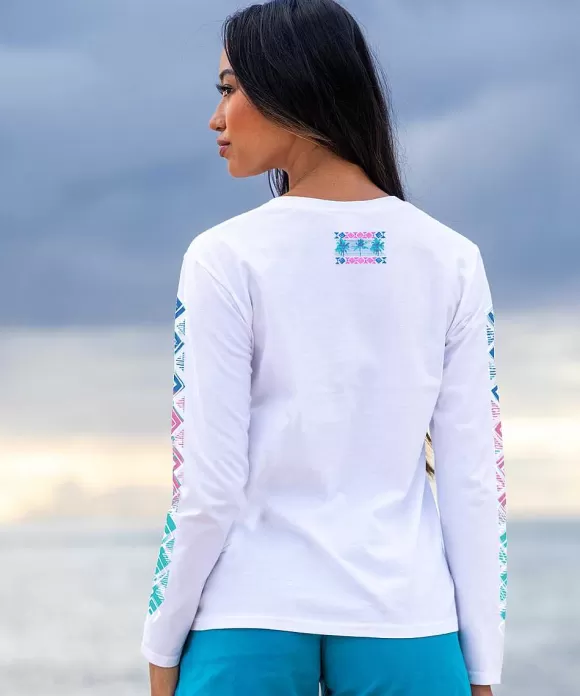 T-Shirts>Crazy Shirts Row Of Palms - White Long Sleeve Crewneck T-Shirt