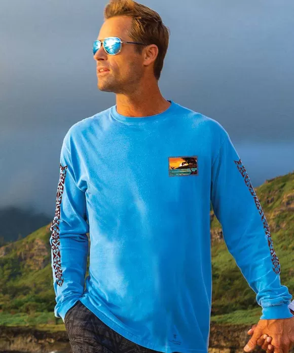 T-Shirts>Crazy Shirts Sunset Surprise - Blue Hawaii Dyed Long Sleeve Crewneck T-Shirt