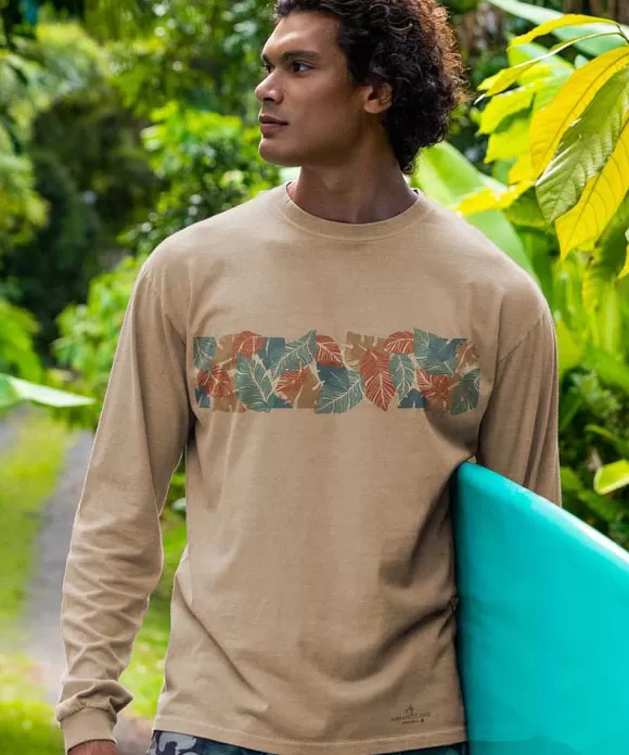 T-Shirts>Crazy Shirts Tropical Ferns Band - Kona Coffee Dyed Long Sleeve Crewneck T-Shirt