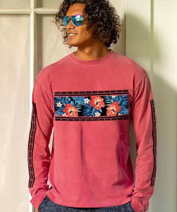 T-Shirts>Crazy Shirts Twilight Floral Band - Paradise Red Dyed Long Sleeve Crewneck T-Shirt
