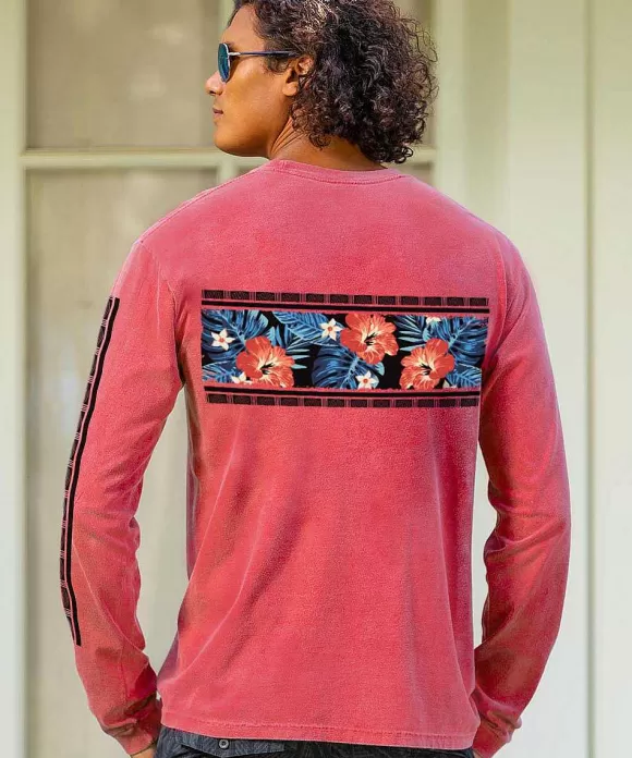 T-Shirts>Crazy Shirts Twilight Floral Band - Paradise Red Dyed Long Sleeve Crewneck T-Shirt