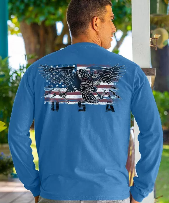 T-Shirts>Crazy Shirts Usa Eagle Flag - Blue Hawaii Dyed Long Sleeve Crewneck T-Shirt