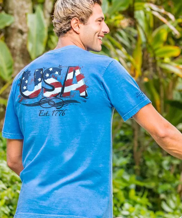 T-Shirts>Crazy Shirts Usa Est 1776 - Blue Hawaii Dyed Short Sleeve Crewneck T-Shirt